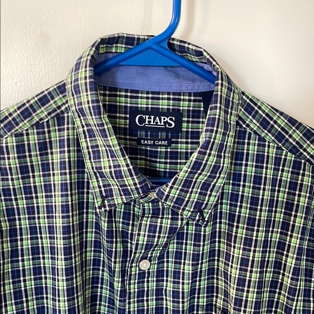 Chaps Men's Blue and Green Plaid Shirt